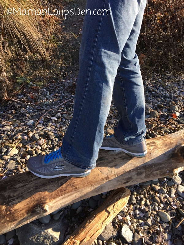 Skechers Memory Foam His and Hers Review ~ Maman Loup's Den ~ Papa on the log